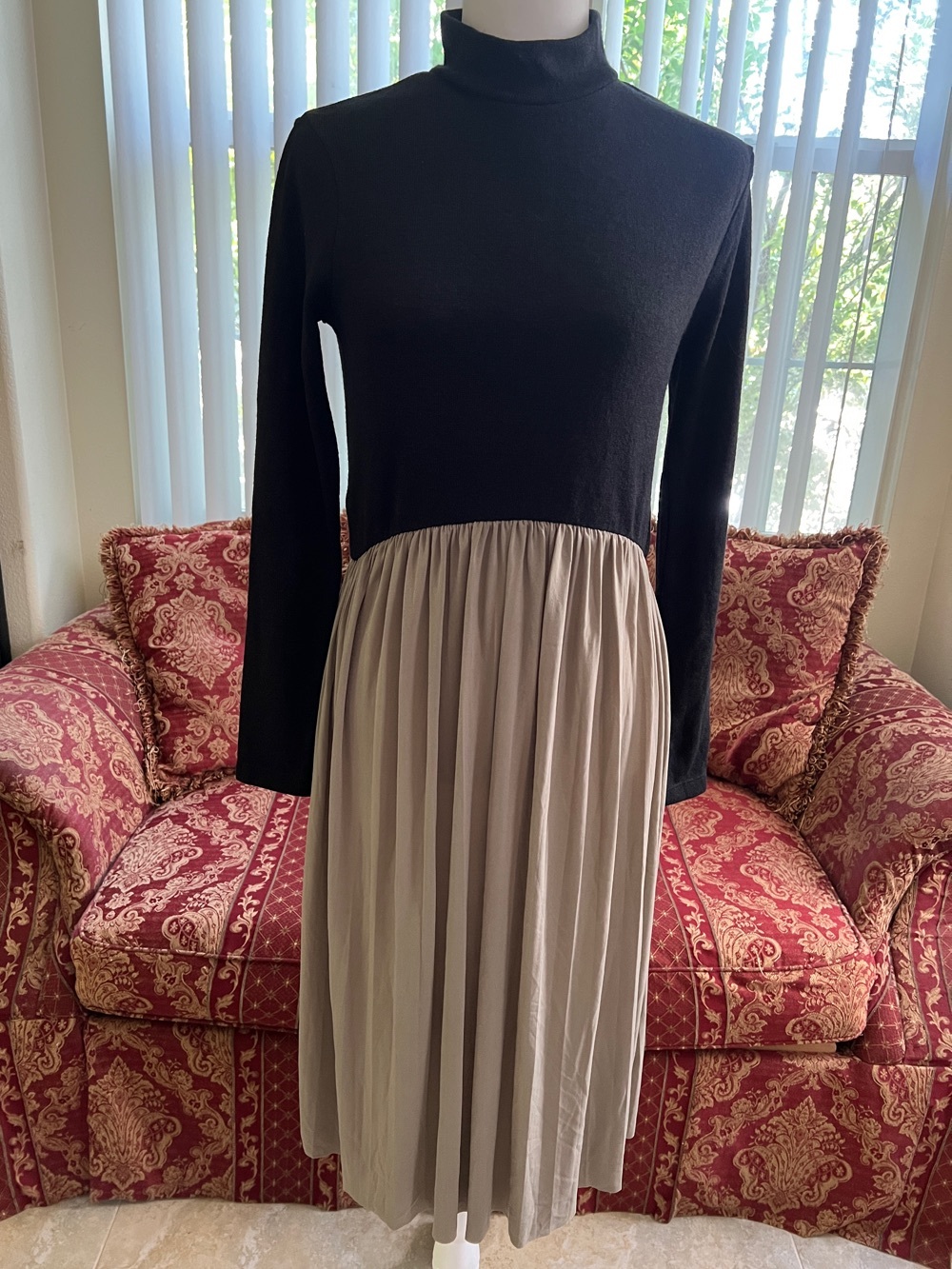 Zara Black Top with Taupe Pleated Skirt Long Sleeve Dress